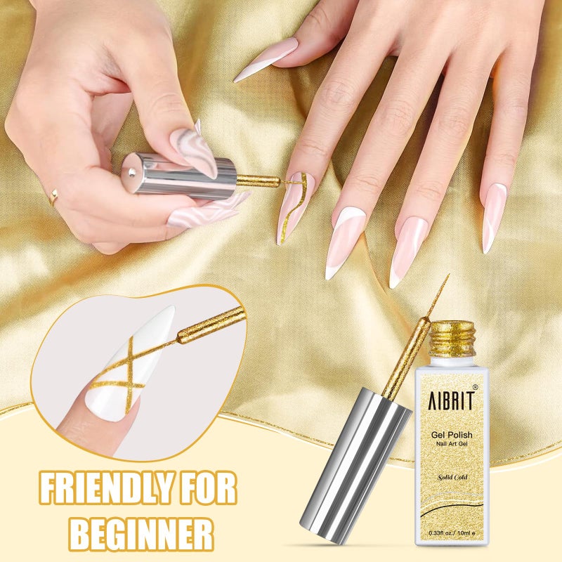 AIBRIT Gel Liner Art Polish Set 10ml, 4 Colors Black White Gold Silver Design Paint with Thin Brush in Bottle for Swirl/ Euphoria French Tips Manicure Painting DIY at Home - Image 5